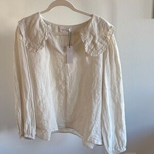 NWT Velvet Linen Cream Women's Top with Ruffled Collar